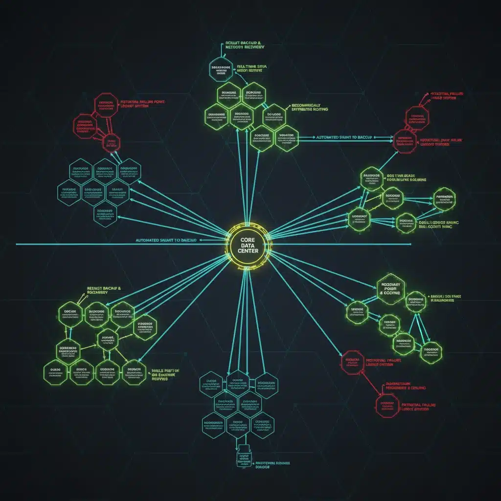Complex IT network diagram with highlighted backup and recovery mechanisms, demonstrating system resilience.