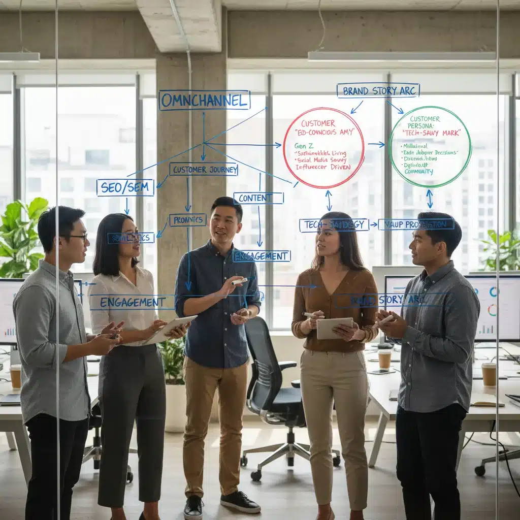 Marketing team collaborating on brand storytelling strategy and customer personas.