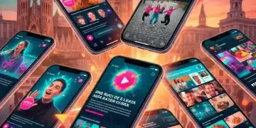 Móviles mostrando vídeos cortos en plataformas como TikTok y YouTube Shorts en España, con edificios emblemáticos de fondo.