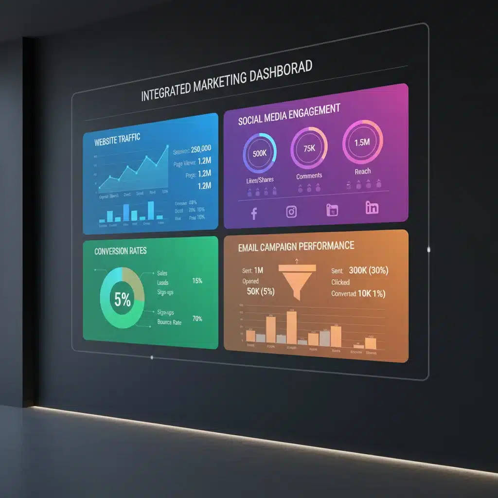 Integrated marketing dashboard showing website traffic, social media, and conversion metrics.