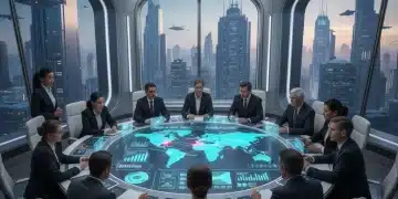 Business leaders analyzing future operational risks on a holographic screen in 2026.
