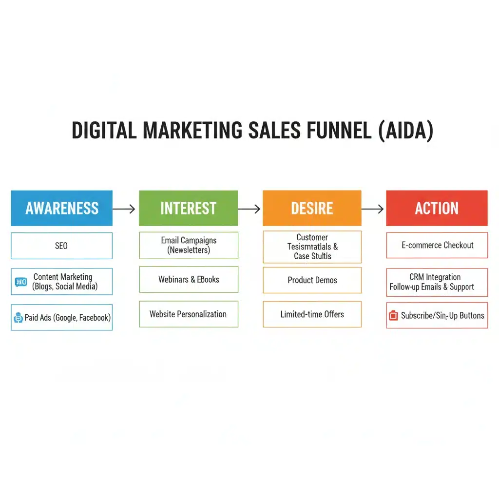 Detailed diagram of an optimized sales funnel stages and associated tactics
