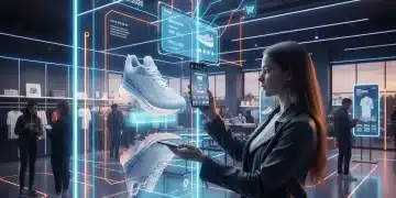 Customer interacting with an augmented reality display in a modern phygital retail store, blending digital and physical shopping
