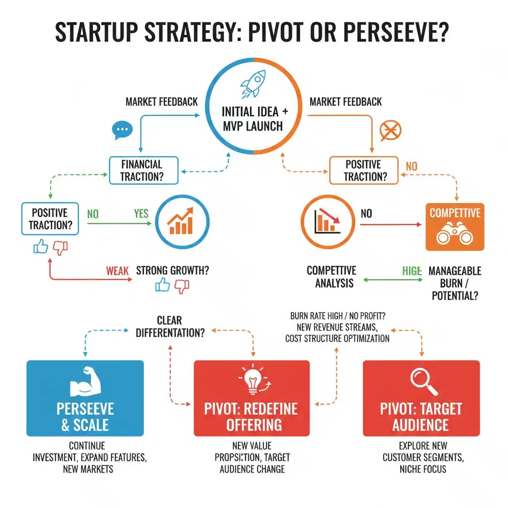 Infographic illustrating pivot or persevere decision tree for startups