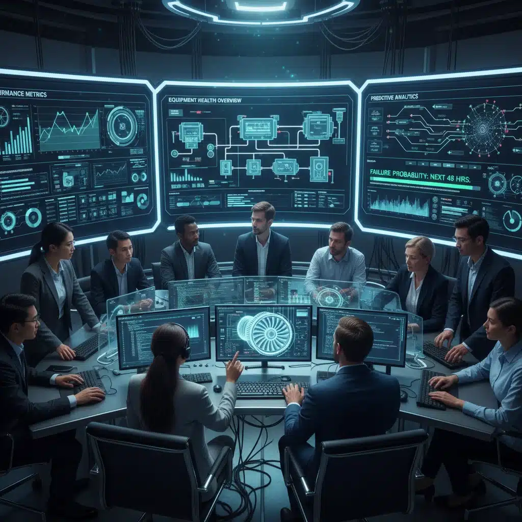 Team of engineers and data scientists analyzing predictive maintenance dashboards.