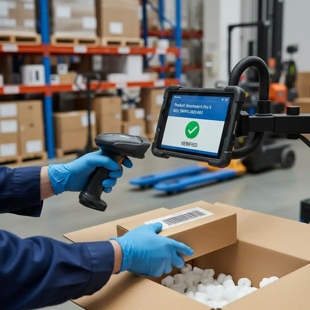 Warehouse worker scanning product for order verification
