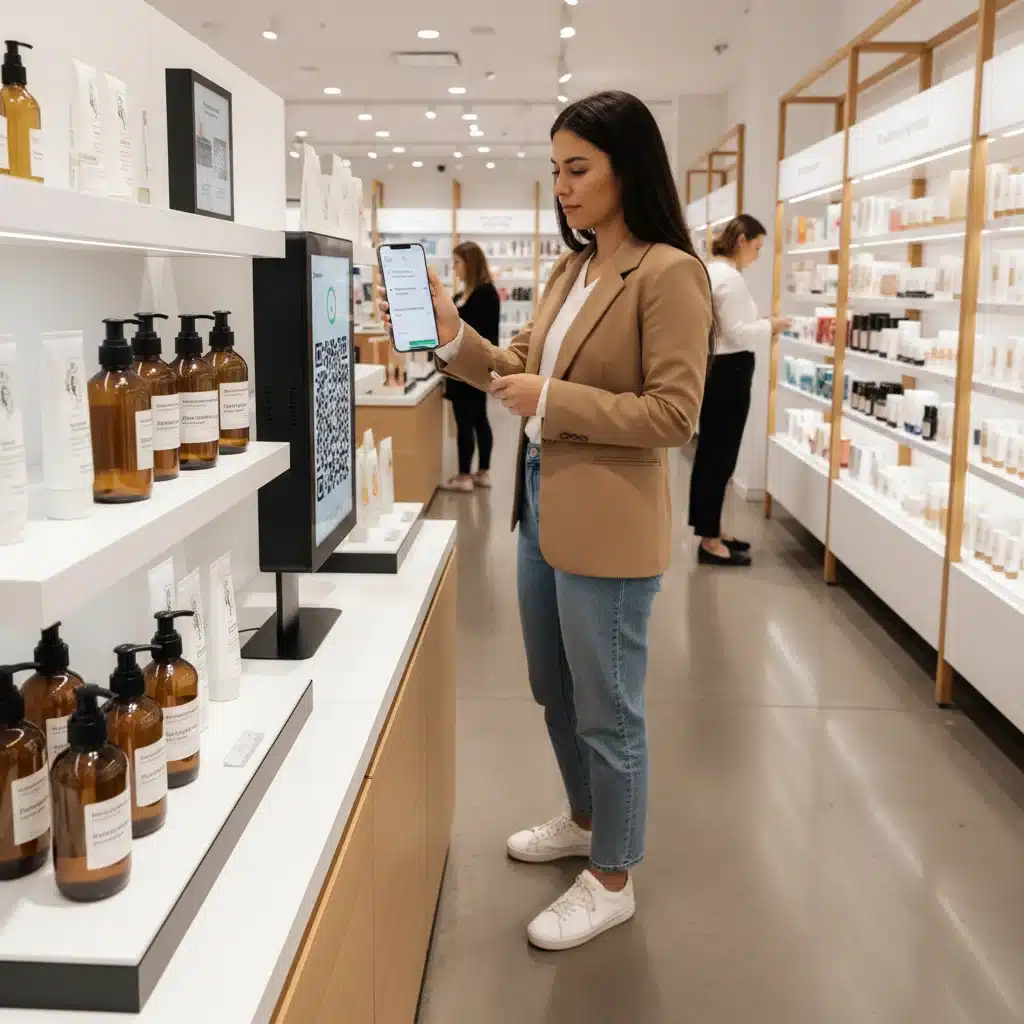 Customer scanning QR code in store for product info and personalized offers, blending physical and digital shopping