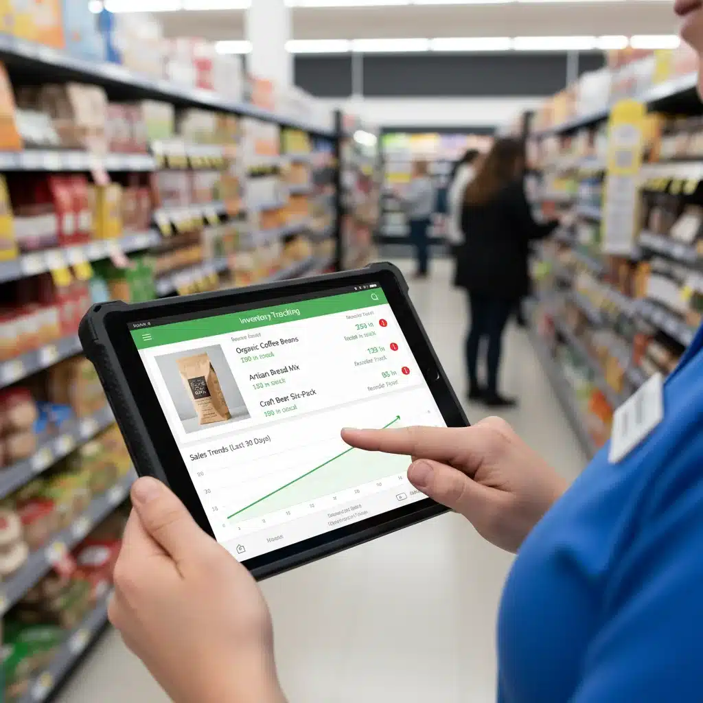 Retail employee using a tablet for real-time inventory tracking and management.