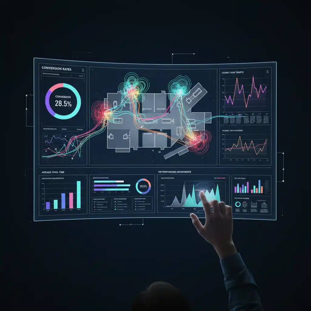 Retail analytics dashboard showing in-store foot traffic and customer behavior data