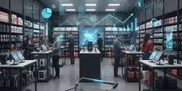 Modern retail store with data analytics overlay, symbolizing retail cost reduction and efficiency