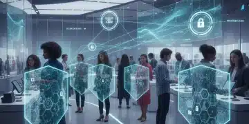 Shoppers interacting with secure digital data in a modern retail setting, symbolizing privacy compliance.
