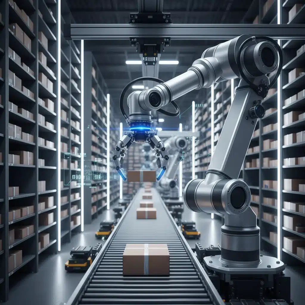 Robotic arm performing precise item picking in an automated warehouse.