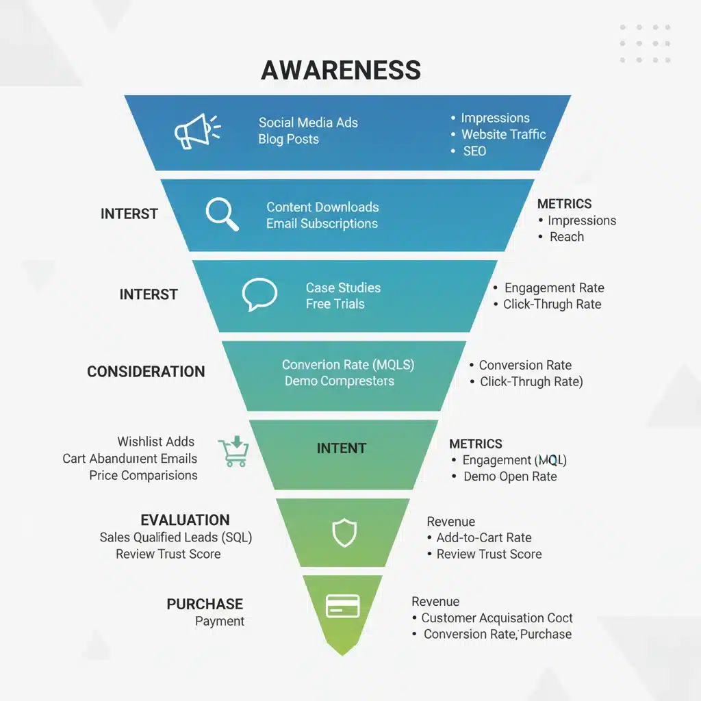 Sales funnel illustration depicting customer journey stages from awareness to purchase.
