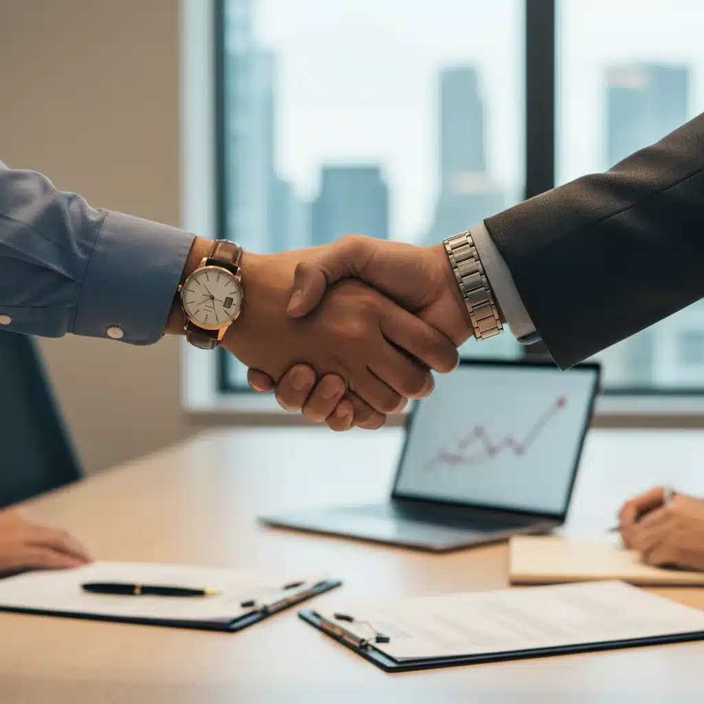 Startup CEO and venture capitalist shaking hands after Series A deal