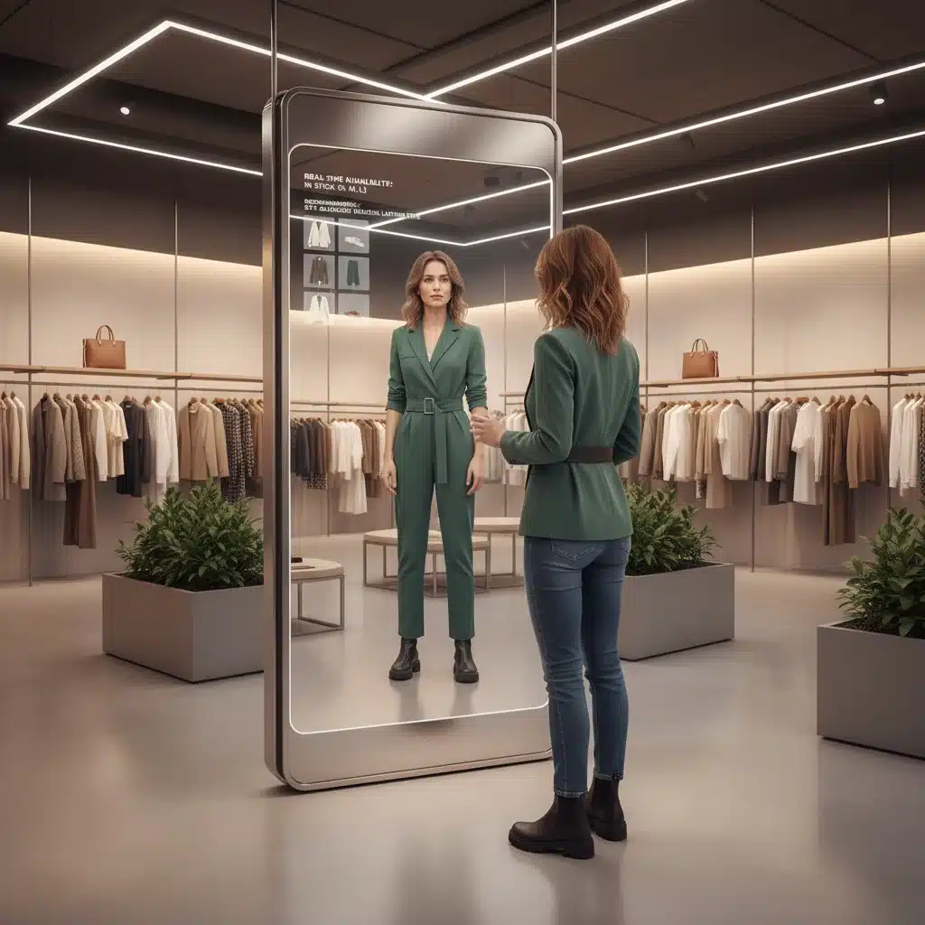 Customer trying virtual clothes with a smart mirror in a modern apparel store