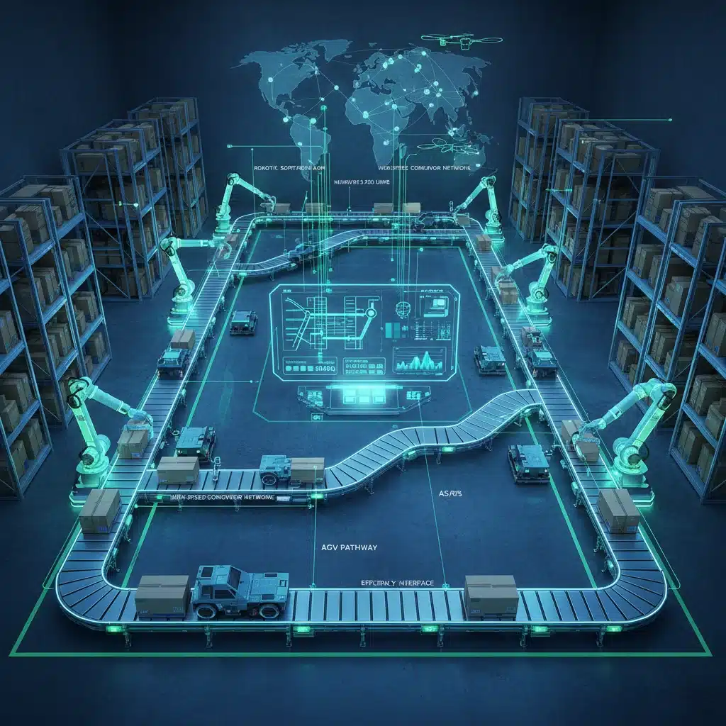 Smart warehouse with robotic sorting systems and real-time data display for efficient e-commerce operations.