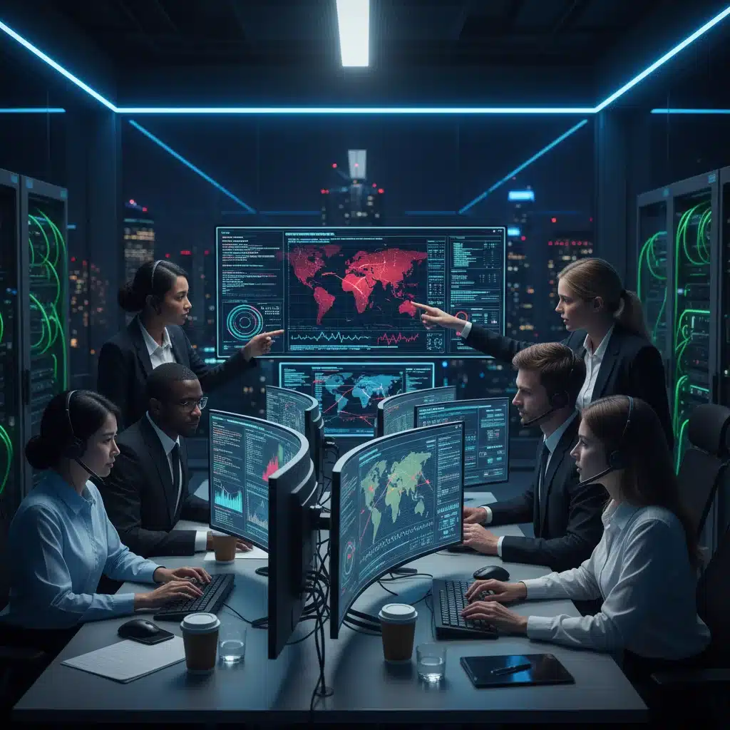 Cybersecurity analysts collaborating in a Security Operations Center.