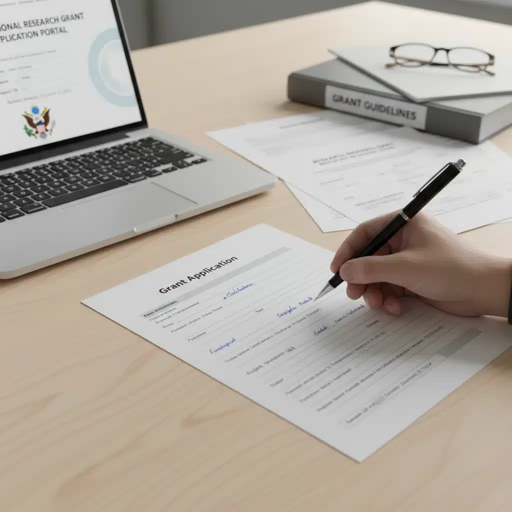 Hand filling out a grant application form with a pen and official documents.