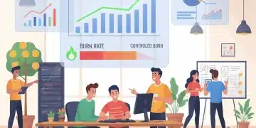 Startup team managing finances with controlled burn rate charts