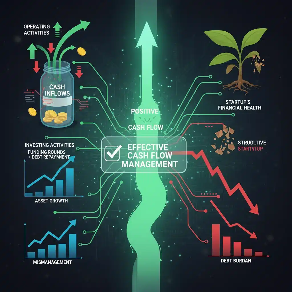 Dynamic cash flow statement showing positive financial trends for a startup