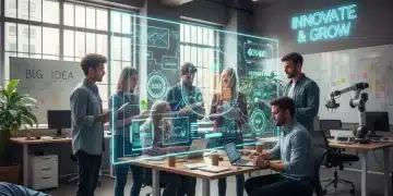 Professionals collaborating in a modern, vibrant startup office, symbolizing innovation and teamwork in talent acquisition.