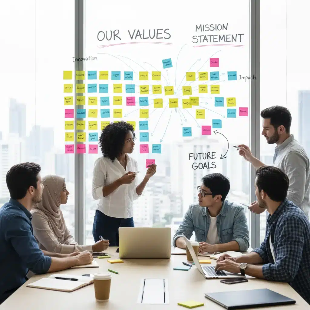 Startup team brainstorming core values and mission statement on a whiteboard