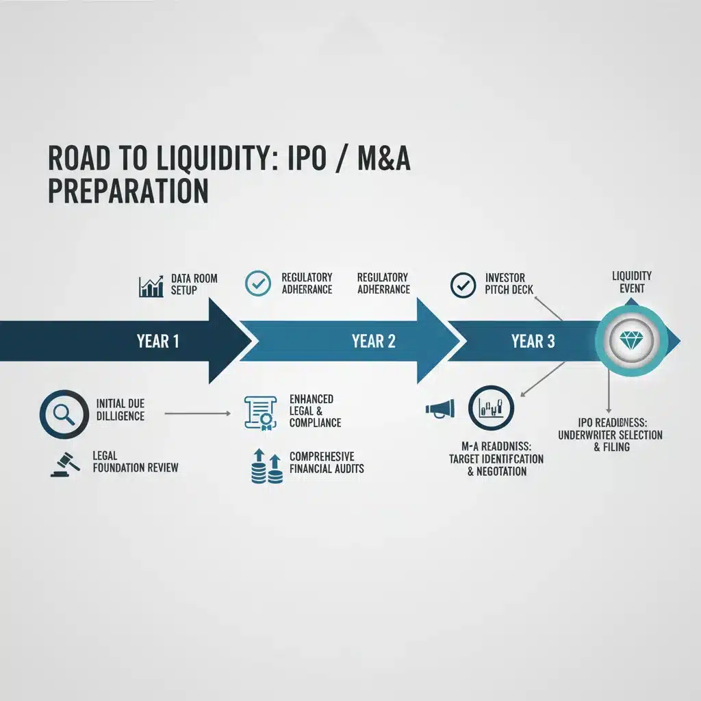 Infographic detailing a three-year timeline for startup exit preparation, including legal and financial milestones.