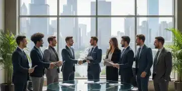 Entrepreneurs shaking hands with investors, symbolizing a successful startup exit.