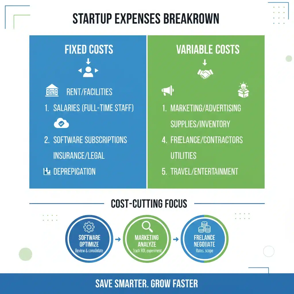 Infographic detailing startup expense categories and cost-cutting opportunities