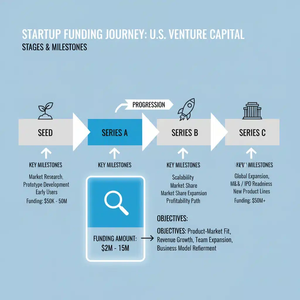 Infographic illustrating startup funding stages, highlighting Series A