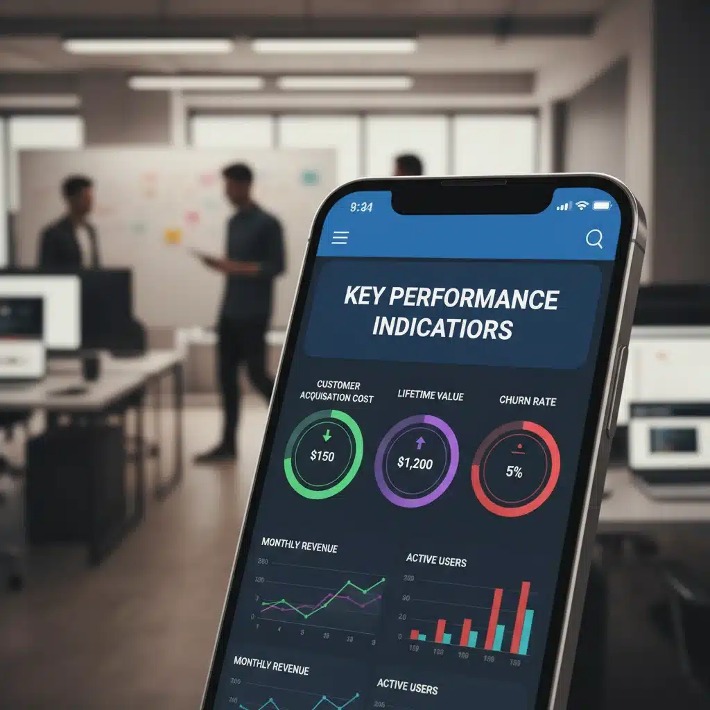 Smartphone displaying key startup performance indicators.