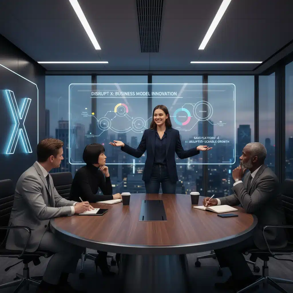 Startup founder pitching to venture capitalists in a modern boardroom