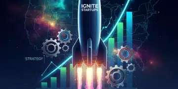 Startup rocket launching, symbolizing growth and U.S. market dominance by 2026.