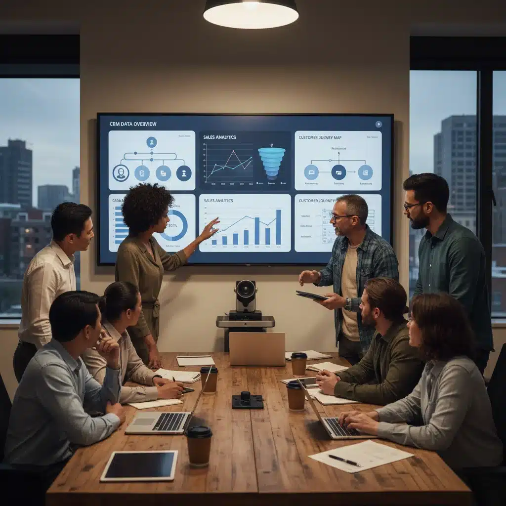 Startup team analyzing CRM data and sales analytics for funnel optimization
