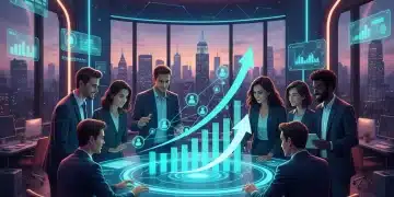 Startup team analyzing user engagement data on a holographic display, showing 5x growth.