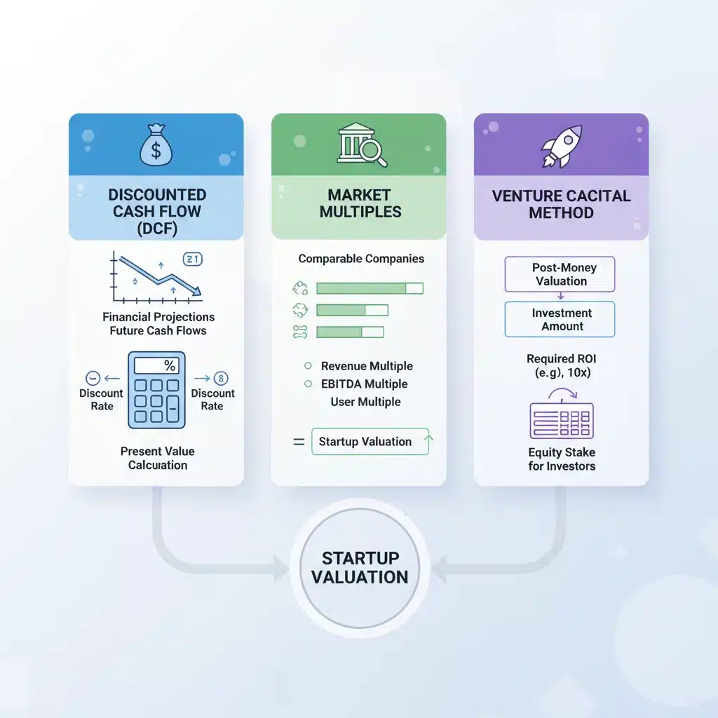 Chart comparing various startup valuation methodologies like DCF and market multiples.