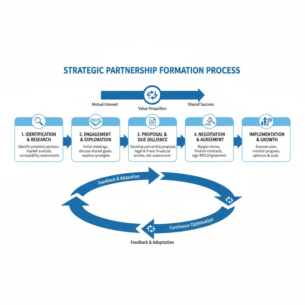 Flowchart depicting the stages of strategic partnership formation and collaboration.
