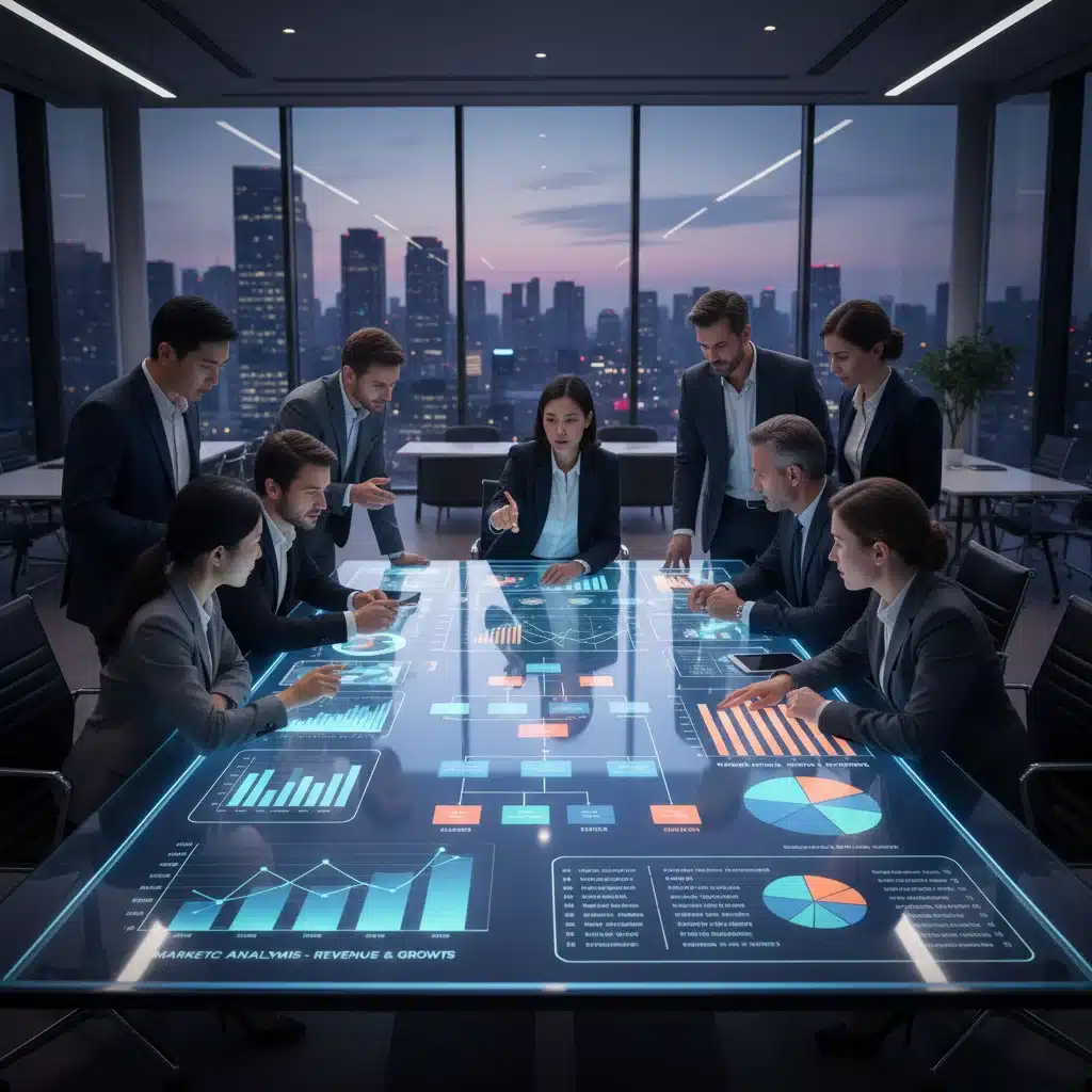 Diverse team analyzing market data and strategic roadmaps, symbolizing collaborative planning for startup growth.
