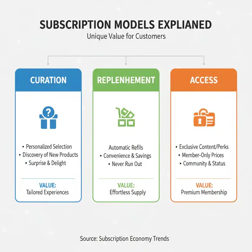 Infographic detailing various subscription model types: curation, replenishment, access.