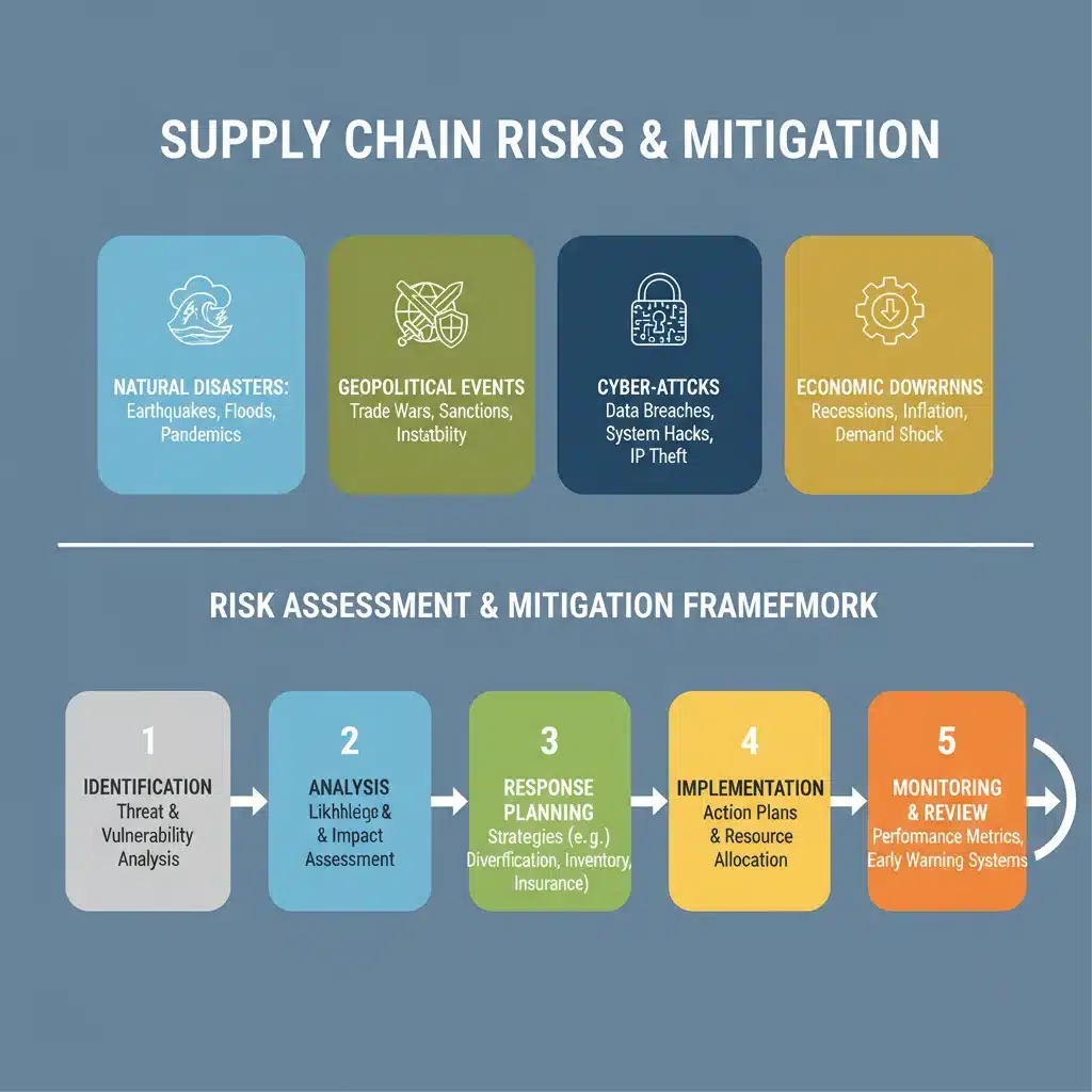 Infographic showing various supply chain risks and a risk mitigation framework