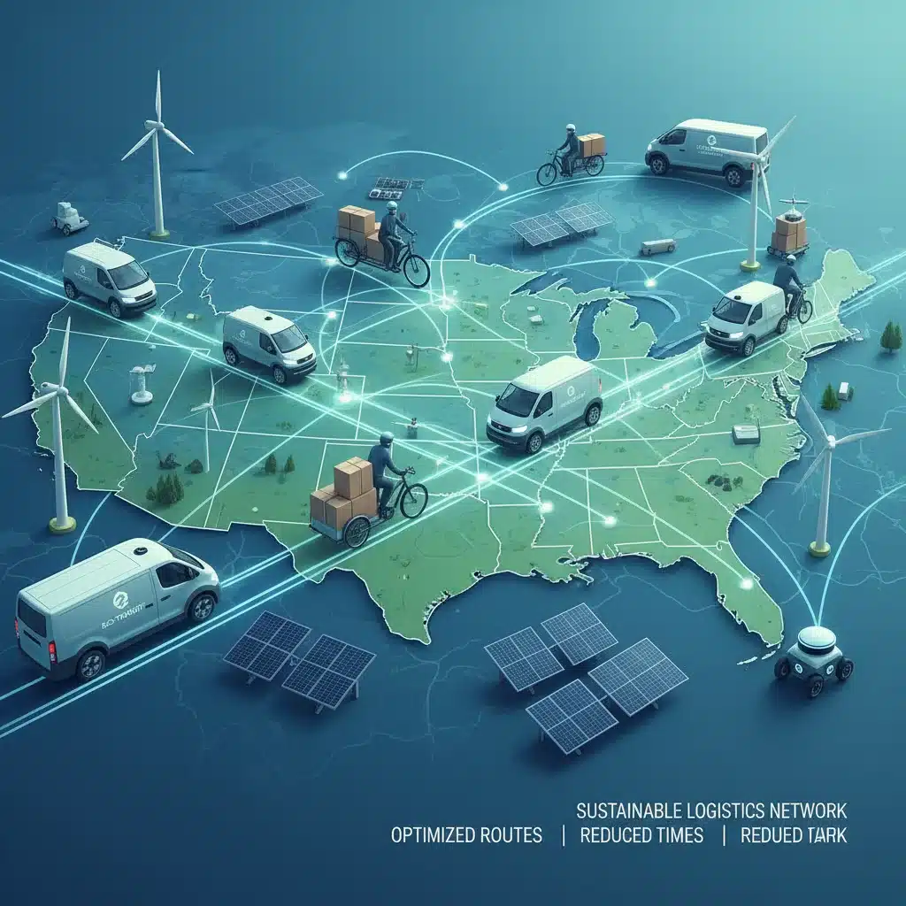 Diverse, sustainable delivery fleet on an optimized US map, illustrating faster and eco-friendly e-commerce logistics.