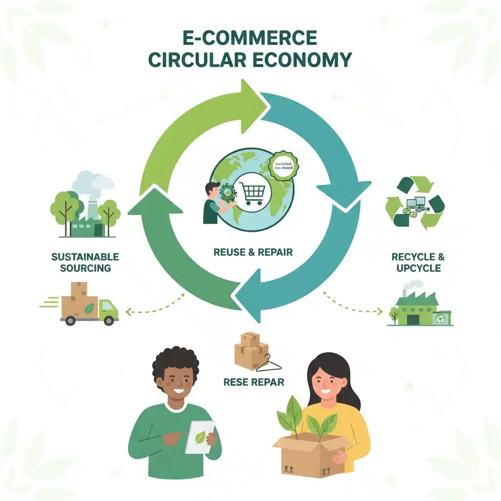 Infographic depicting circular economy and sustainable practices in e-commerce