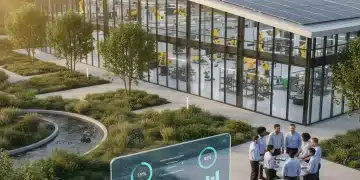 Modern manufacturing plant with solar panels and green initiatives, symbolizing sustainable operations.