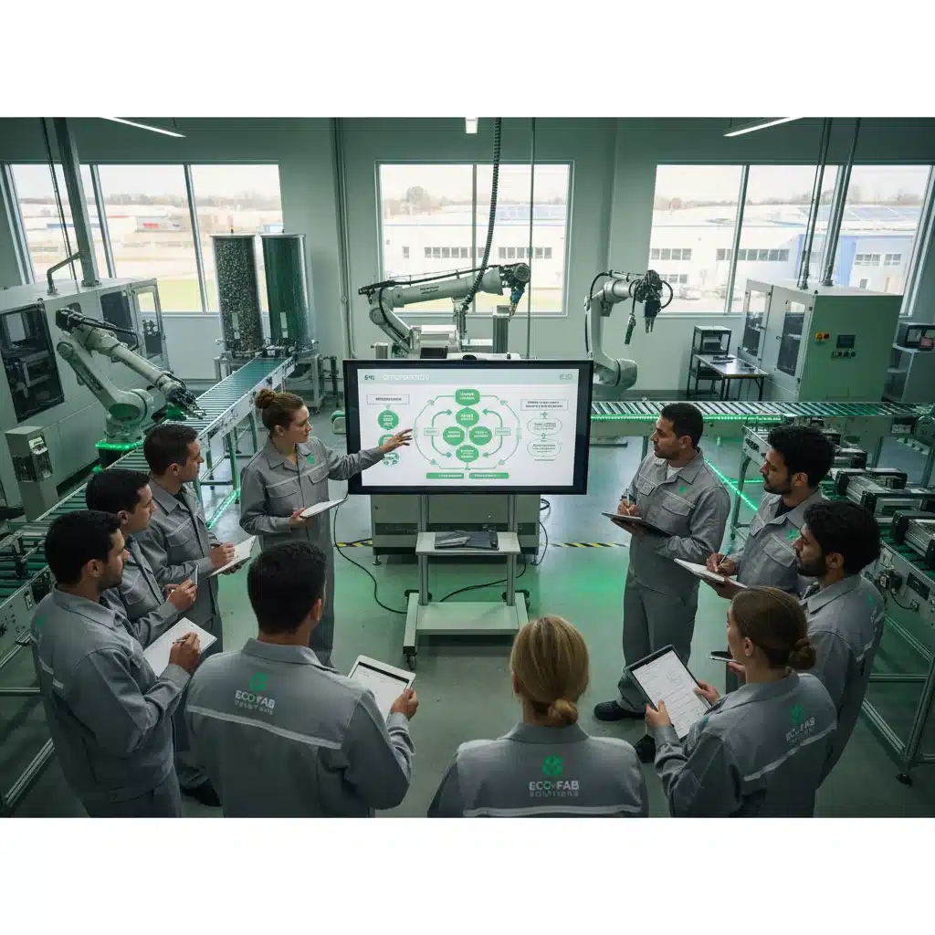 Manufacturing team training on sustainable production techniques and green technology.