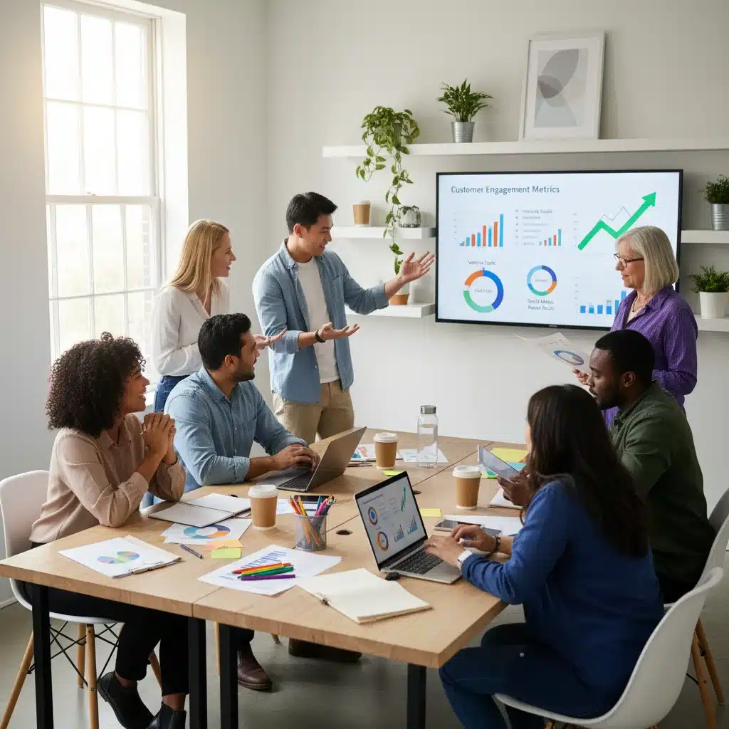 Small business team collaborating on marketing strategy and customer engagement metrics.