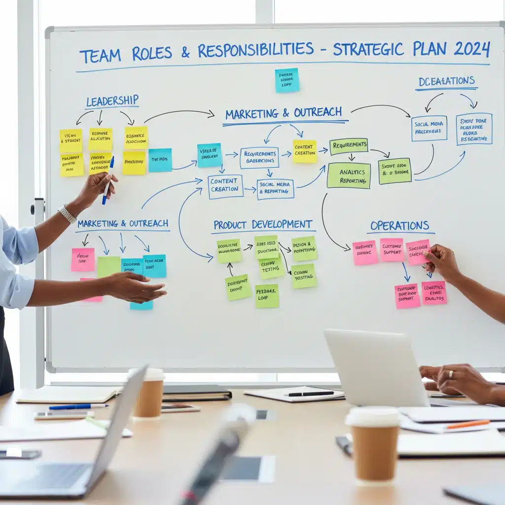 Whiteboard with sticky notes defining startup team roles and responsibilities.