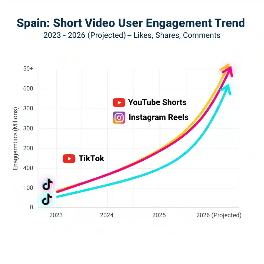 Gráfico de tendencias mostrando el aumento del engagement en vídeo corto en España.