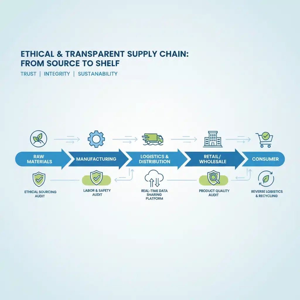 Infographic detailing ethical checkpoints and data sharing across a transparent supply chain, from raw materials to consumer.