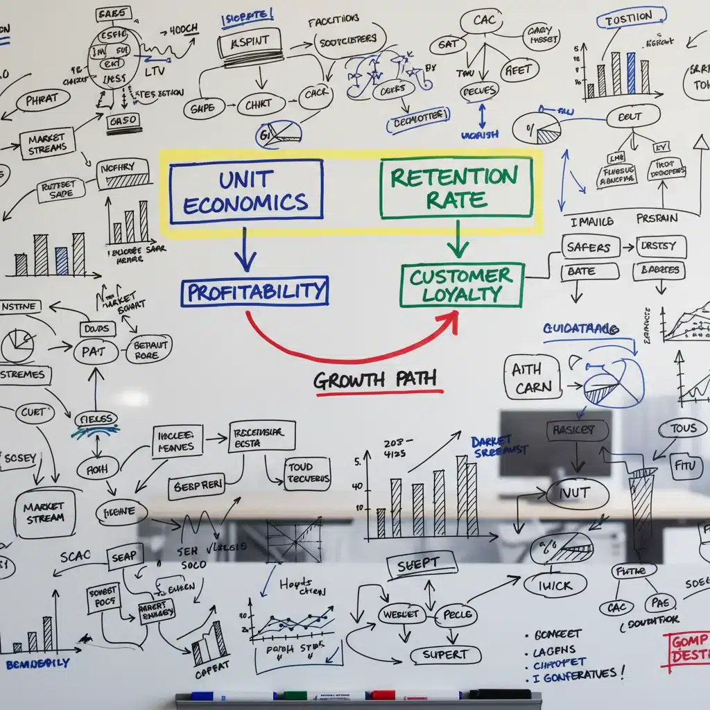Whiteboard with strategic diagrams highlighting unit economics and customer retention.