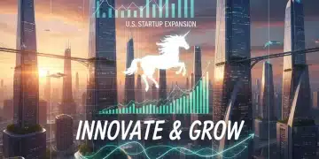 Futuristic cityscape with growth charts and unicorn silhouette, symbolizing successful U.S. startup expansion and innovation.